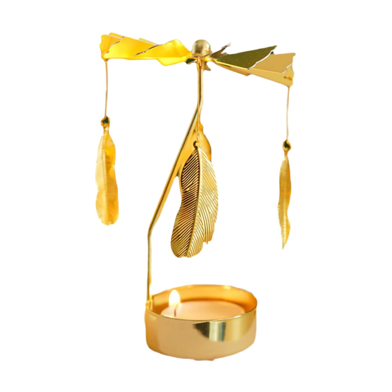 Worparsen Romantic Rotary Candle Holder Metal Spinning Tea Lights Candle Holder Golden Alloy Leaves Carousel Candlestick for Wedding Christmas Party F