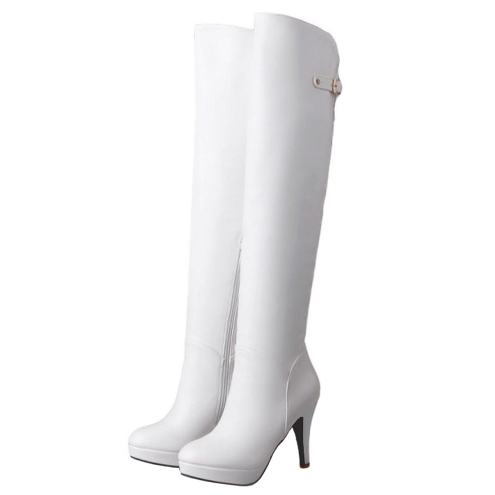 Damen Overkneestiefel Plateau 10cm Reißverschluss Schnalle | Pfennigabsatz 10cm; Plateau 2.5cm; Reißverschluss; Webpelz Futter; Rutschhemmende Gummisohle; Pflegeleicht; Herbst/Winter