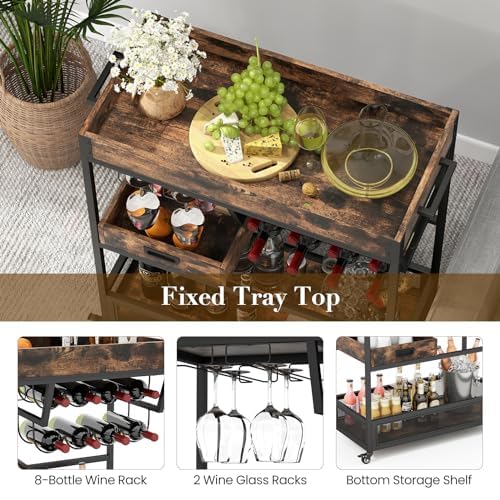 Chariot de service roulant à 3 étages avec plateau amovible, casier à vin et roues verrouillables – Idéal pour le rangement et l'organisation du bar à domicile