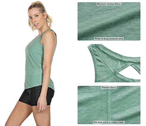 Icyzone Yoga Tops Activewear Workout Clothes Open Back Fitness Racerback Tank Tops For Women (M, Black/Agate Green) #TOP5
