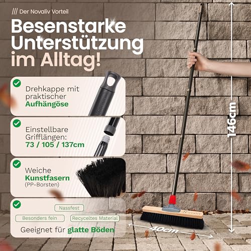 Novaliv Saalbesen 40 cm mit Stiel Borsten Rosshaarbesen Besen fein mit stiel Ideal als Werkstattbesen Hallenbesen Industriebesen Hausbesen Naturhaarbesen Zimmerbesen Haarbesen Stubenbesen Besen weich