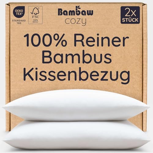 Bambaw Kissenbezug Bambus 40x80 cm, 2-er Pack, Anti Akne, antibakterielle und hypoallergene Bettwäsche, kühlende Bettwäsche Sommer, Bambus Kissenbezug 80x40 cm (Weiß)