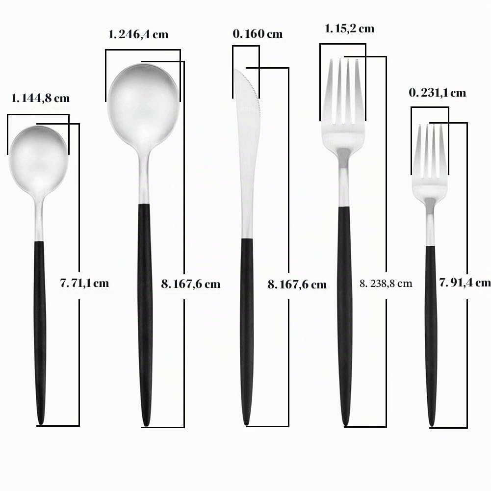 20 Stück Besteck Edelstahl Geschirr Set Geschirr Set Besteck Set inklusive Messer Gabeln Löffel Service für vier Personen schwarz und Silber 18/10 (4 Sätze)
