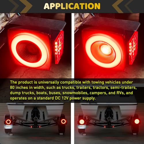 Image of Square Halo 78 LEDs Trailer Lights,Stop Turn Brake License Combination Tail Light w /Stud Mount, IP67 Submersible for Under 80 inch Truck Boat RV [PatentPending], DC 12V (Smoked Lens Red LED)