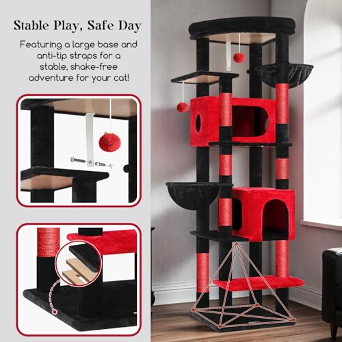 Image of Globlazer Gothic Heavy Duty Cat Tree, 74in Sturdy Goth Cat Tower for Large Cats Adult Big Cat Tree with 7 Scratching Posts, 2 Padded Spacious Condos, 2 Hanging Baskets, Enlarged Perch, S74, Red Black