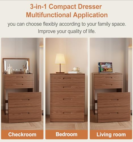 Image of 3 In1 Soild Wood Make up Table with Hidden Mirror and Chair,W20xd20xh32inch Vanity with Lights, Dressing Table with 4 Drawers Storage and Adapter Outlet for Small Space,Vanity Desk for Bedroom