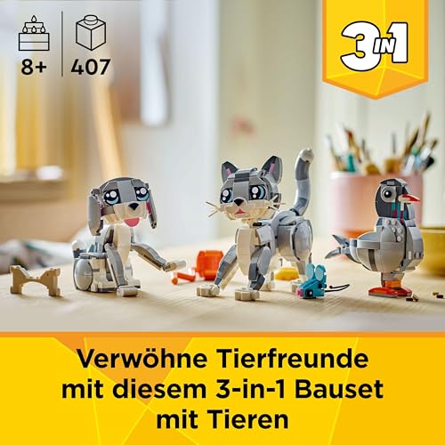 LEGO Creator 3in1 Graue Katze - Tierfigur umbaubar in eine Taube oder einen Hund – Spielzeug mit Minifiguren zum Bauen - Kreatives Geburtstagsgeschenk für Mädchen und Jungen ab 8 Jahren – 31163