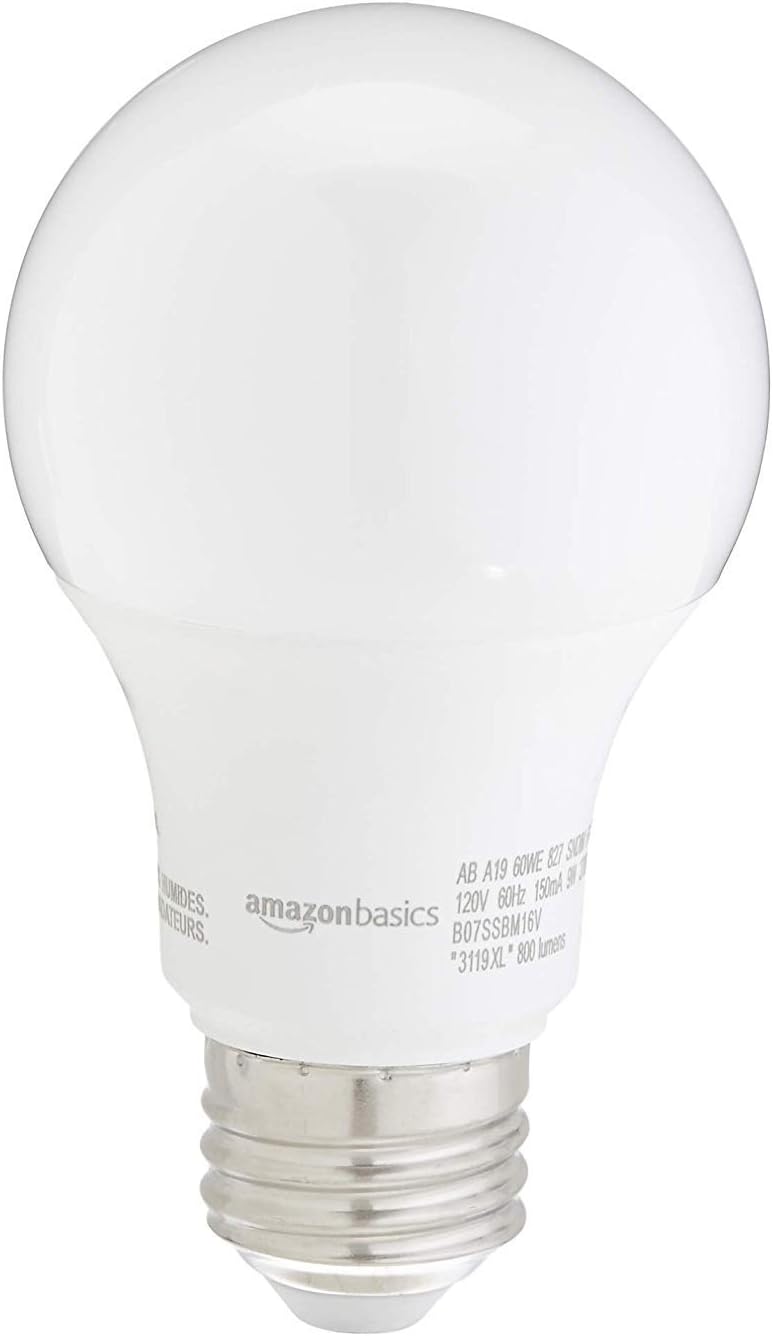 Condition photo showing Good Condition for Amazon Basics A19 LED Light Bulb, 60 Watt Equivalent, Energy Efficient 9W, E26 Standard Base, Soft White 2700K, Non-Dimmable, 10,000 Hour Lifetime, 24-Pack