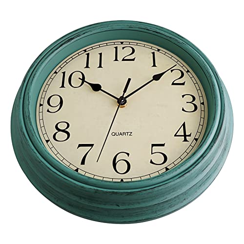 Image of Foxtop Retro Silent Non-Ticking Round Classic Clock 12 Inch Quartz Decorative Battery Operated Wall Clock for Living Room Kitchen Home Office (Turquoise)