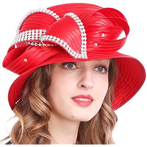 VECRY Women's Dressy Church Baptism Wedding Derby Hat(Rhinestone-Red) Cover