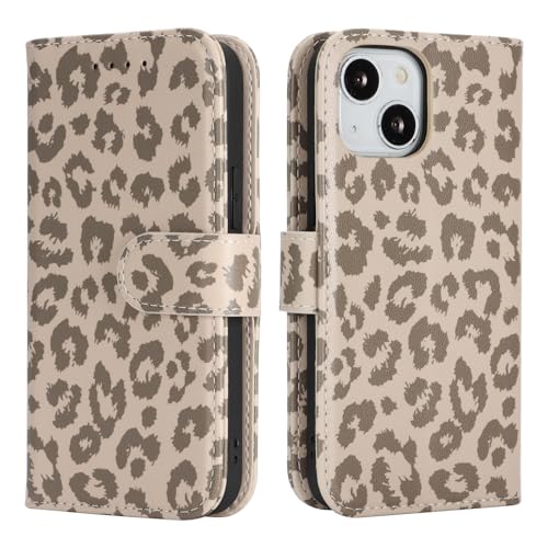 Image of for iPhone 13 Mini Case Wallet with Card Holder,for iPhone 13 Mini Wallet Case for Women Men,PU Leather Shockproof Magnetic Buckle Stand Flip Phone Case-Beige Leopard