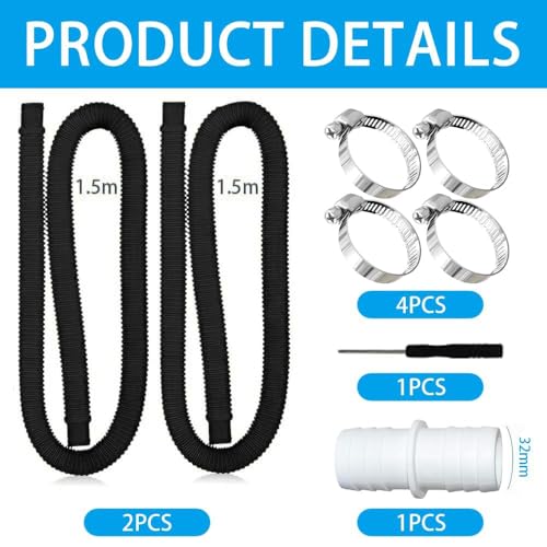 TUIBEIDAMAI Poolschlauch 32mm für Poolpumpen,2 Stück Schlauch pool 150cm mit 4 Stück Sicherungsclip Und 1 Stück schlauchverbinder, Schwimmbadschlauch 32mm,Für Filterpumpe und Schwimmbad