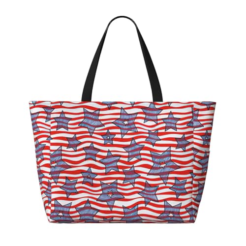 Fashion Stars And Wavy Stripes Print Beach Bag Waterproof Beach Totes Bags For Women, Lightweight Foldable Pool Bag With Zipper Wet Compartment2