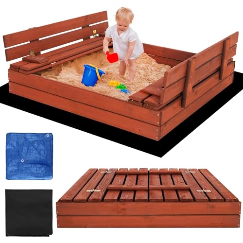Bac à sable avec couvercle, 120 cm, en bois, avec banc, résistant aux intempéries et imprégné, couvercle pliable, sans danger pour les enfants et bois FSC SPRINGOS