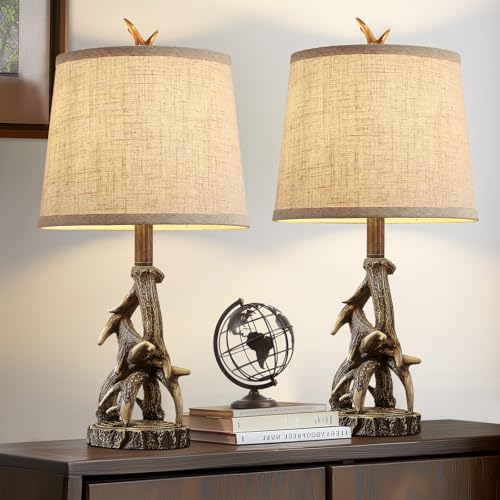 HUITICO 23 Rustic Farmhouse Table Lamps Set of 2 Deer Antler Lamps for Bedroom Nightstand Lamp Western Cabin Side Lamp for Living Room End Table Study Room Desk Brown
