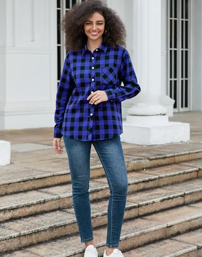 Image of SANGTREE Women and Girls Long Sleeve Flannel Casual Button Down Plaid Shirt