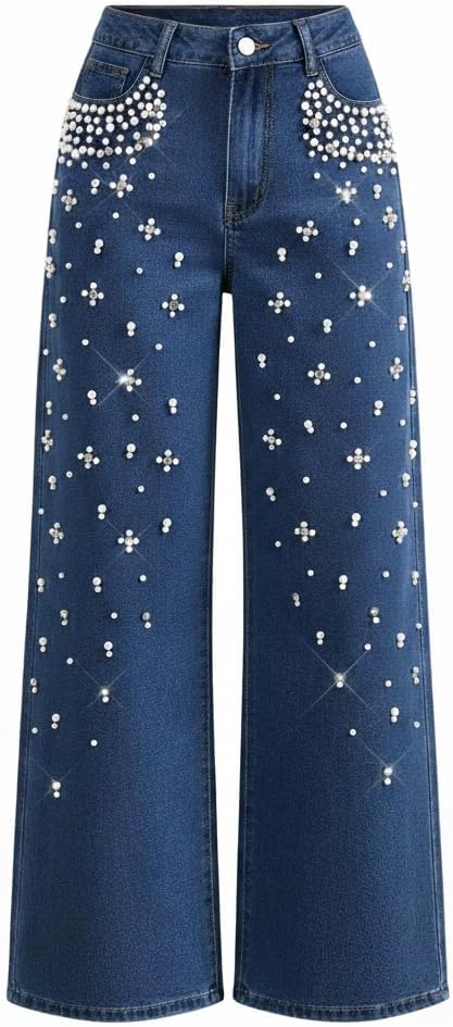 Women's Fashion Pearl Decor Jeans High Waist Baggy Denim Straight Leg Pants with Pockets