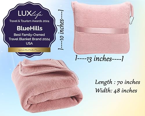 Image of BlueHills Premium Soft Long Travel Blanket Pillow for Tall Airplane Flight Blanket 70 X48 inch Throw in Soft Bag case with Backpack Clip Compact Large Plane 2 in 1 Combo Pink T055