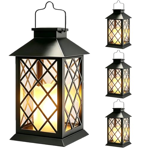 Image of 4 Pack 14 inch Large Tempered Glass Solar Lanterns Outdoor Waterproof | Black retro solar lantern with flickering flameless candles, ideal decoration for wall, porch, patio, table and garden.