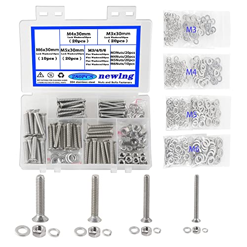 newlng M3 M4 M5 M6 Schrauben Muttern und Unterlegscheiben Kit 30mm Senkkopfschrauben Edelstahl 304 Flach-Knopf Maschinenschrauben 280 Stück für Computerreparatur Autoreparatur DIY Maschinen Cover