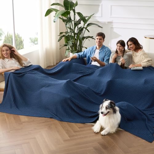 Image of Bedsure Cooling Cotton Waffle Oversized King Blanket - Lightweight Breathable Rayon Derived from Bamboo for Hot Sleepers, Luxury Throws for Bed and Sofa, Navy, 120x96 Inches