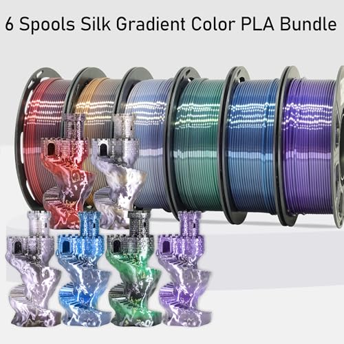 Image of MIKA3D 6 Spools Fast 2 Color Change Silk PLA 3D Printer Filament Bundle, Silk Black Color Change to White /Red /Orange /Blue /Purple /Green, Each Spool 250g, Total 1.5kg Silk PLA Bundle 250g X 6