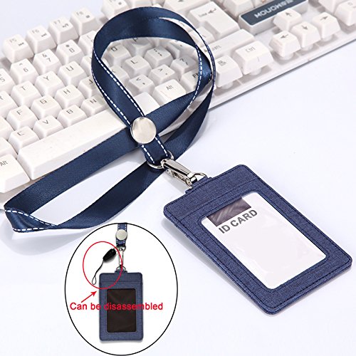 Youowo Id Badge Holders With Neck Lanyards,2-Sided Vertical Pu Leather Id Card Badge Holder With 1 Id Window And 2 Card Slot And 1 Piece Polyester Detachable Neck Lanyard/Strap - (1Pack-Deep Blue) #TOP6