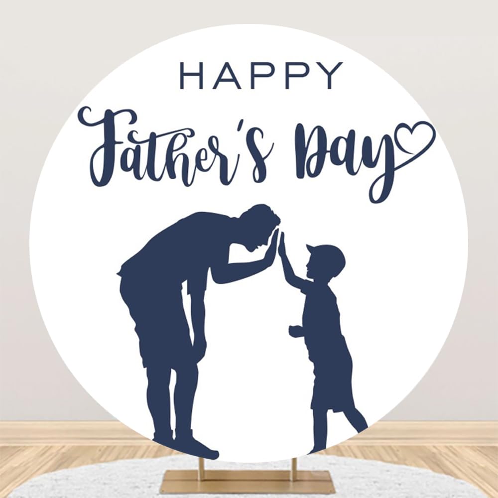 DORCEV Diamater 5ft Father's Day Round Polyester Backdrop Cover White Father and Child Silhouettes Circle Photography Background for Father's Day