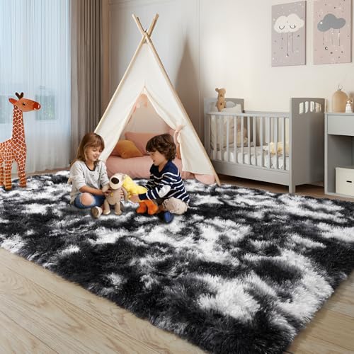 KING DARE Black and White Runner Rug 2x6, Bedroom Shag Runner Rug Bedside Non-Slip Soft Fluffy Carpet for Dorm Hallways Entryway Kids Room, Modern Home Decor Aesthetic