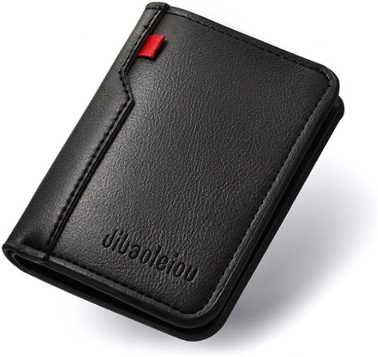 Carteira masculina vertical ultrafina de couro dobrável, cabe de 6 a 8 cartões, com janela para identidade e compartimento simplificado para notas