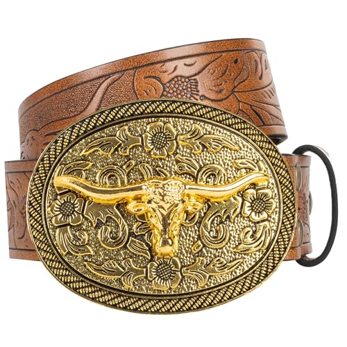 UTOWO Women Vintage Western Belt with oval-Longhorn-Buckle Cowgirl Bull-PU-Leather Waist Cowboy Belt for Jeans 1.5in Wide