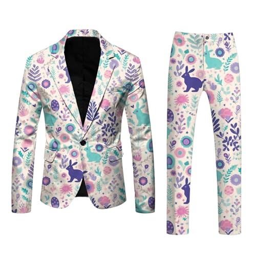 Foweknow Costume pour homme - Veste de Pâques amusante - Coupe ajustée - Impression tendance - Tenue de loisirs - Coupe droite - Deux pièces - Veste de costume de Pâques - Pantalon d'extérieur - 2