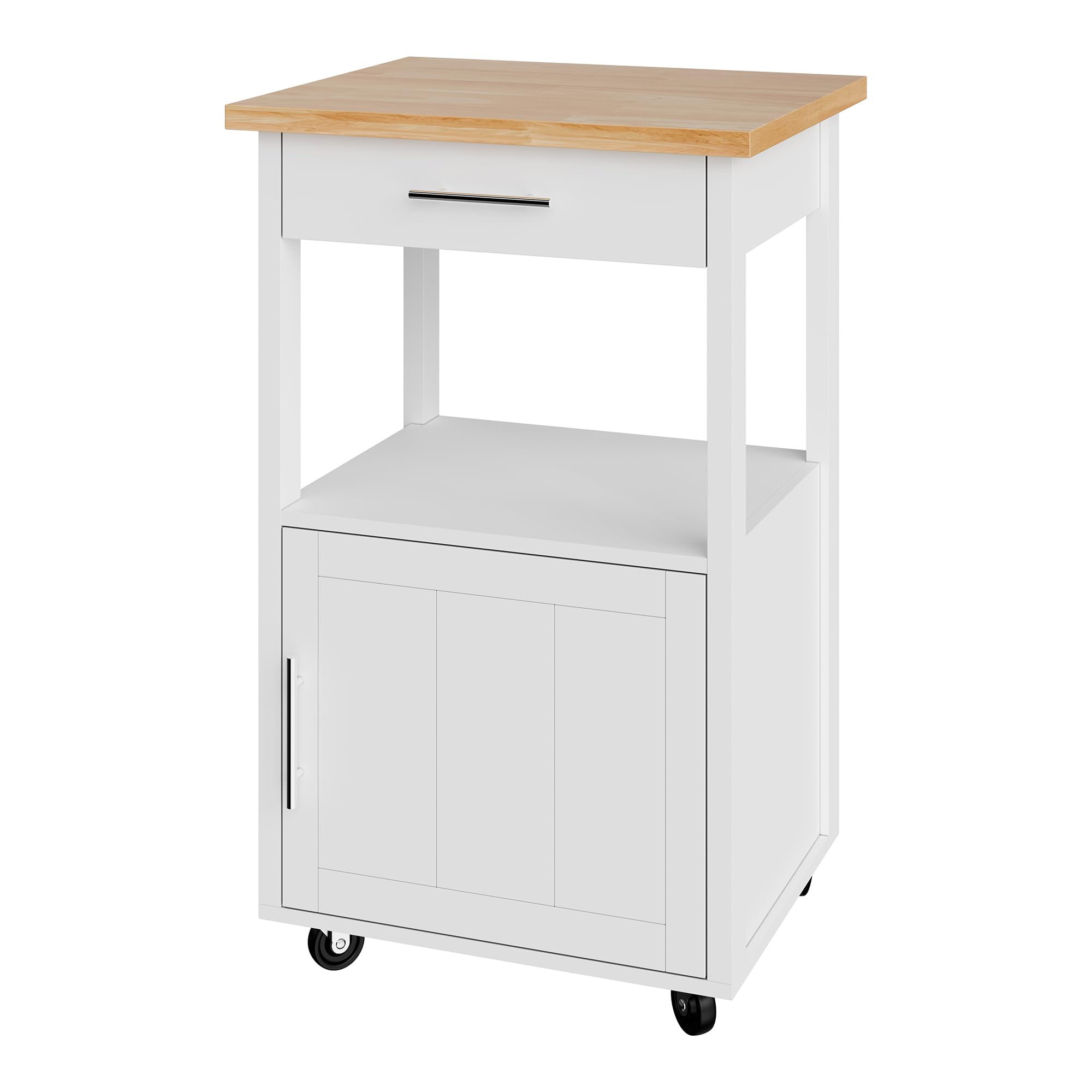 SUNLEI Rolling Kitchen Island with Single Door Cabinet, Kitchen Cart on Swivel Wheels, Coffee Cart Microwave Stand for Dining Room, White