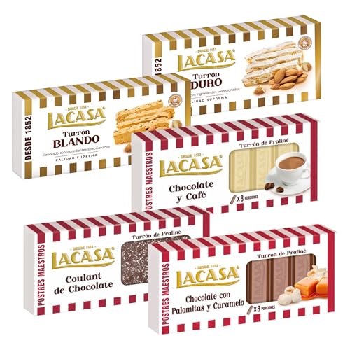 Surtido Turrones Lacasa: 5 tabletas de turron variadas: Blando, Duro, Chocolate con palomitas y caramelo, Chocolate y café y Coulant de chocolate
