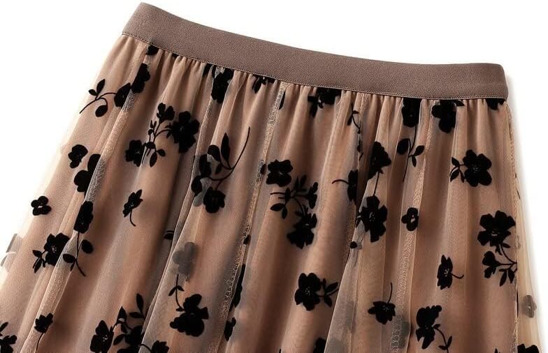 LA12ST Women 3D Posy Double-Layered Skirt Elastic Waist Floral Print Mesh A-Line Midi Skirt - Image 4