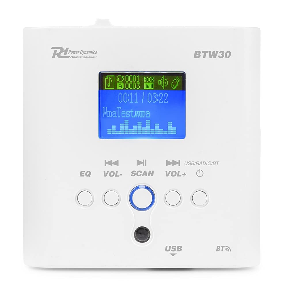 Power Dynamics BTW30SET Wand-Audiosystem mit Zwei Deckenlautsprechern 15 W Weiß FM-Tuner USB-Port Verstärker Klasse D