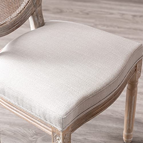 Chairus Farmhouse Dining Chairs Set Of 2, Round Rattan Back French Country Dining Room Chairs Vintage Fabric Upholstered Chair With Rustic Wood Legs, Beige 2 Pcs #TOP3