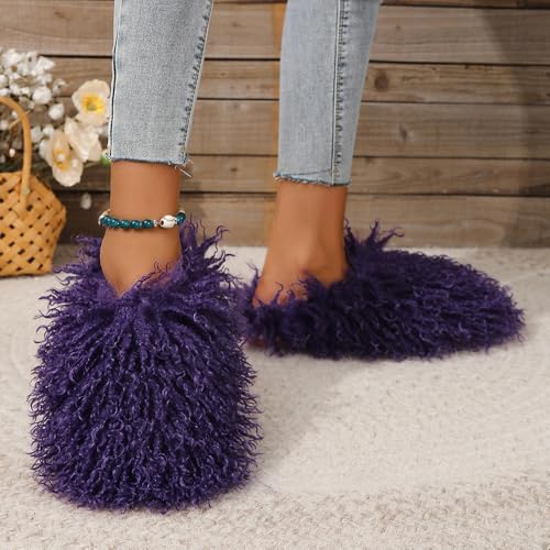 QINGCOMFACAI Women's Fluffy Faux Fur Slippers Comfy Fuzzy Non-Slip Warm Home Flat Slippers Bedroom Indoor Outdoor House Slippers3