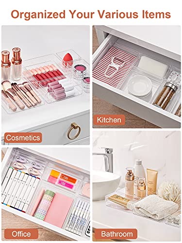 Image of SMARTAKE 13-Piece Drawer Organizer with Non-Slip Silicone Pads, 5-Size Desk Drawer Organizer Trays Storage Tray for Makeup, Jewelries, Utensils in Bedroom Dresser, Office and Kitchen (Clear)