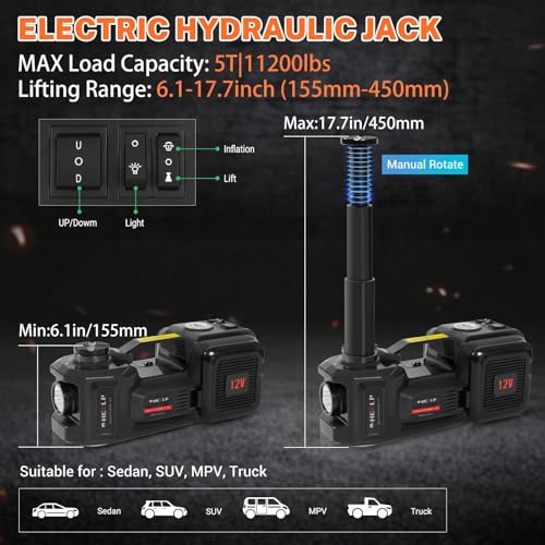 Image of E-HEELP Electric Car Jack Kit 5Ton 12V Hydraulic Car Jack Lift (Lifting Range: 6.1~17.7 inch) with Electric Impact Wrench for SUV MPV Sedan Truck Change Tires Garage Repair
