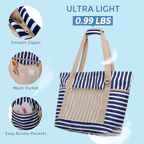 Fasrom Beach Bag for Women with Zipper, Waterproof Beach Tote with Wet Dry Compartment and Small Pouch for Pool, Swim, Travel3