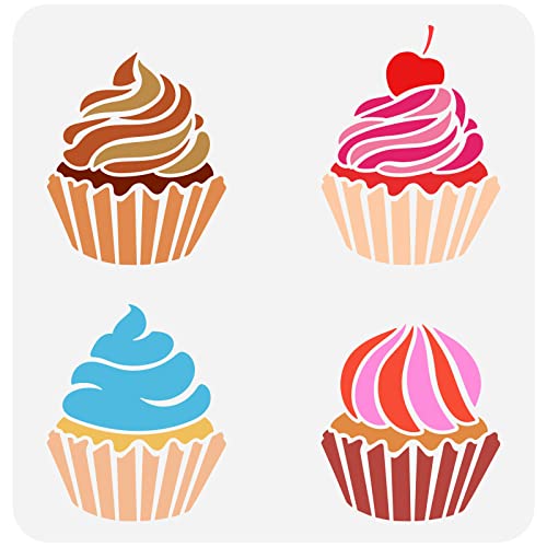FINGERINSPIRE Cupcake Stencil for Painting 30x30cm PET Hollow Out DIY Cupcake Home Decor Cream Cherry Drawing Stencil Reusable Cake Art Craft Stencils for Wall Cabinet Canvas Bag Paper Decor