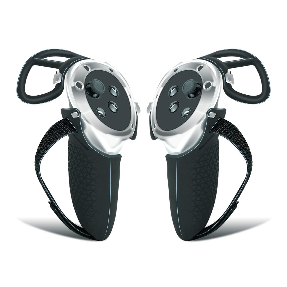 Per Meta Quest 3 - Custodia per impugnature del controller + anello paracolpi per impugnature + tappi per i pulsanti del pollice,Custodia protettiva in silicone con cinturino per le nocche (Nero)