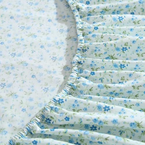 Image of Laura Ashley - Queen Size Sheet Set, Crisp & Lightweight Cotton Percale Bedding with Fitted Sheet and Pillowcases, Floral Room Decor, Deep Pocket, College Dorm Room Essentials (Evie Blue)