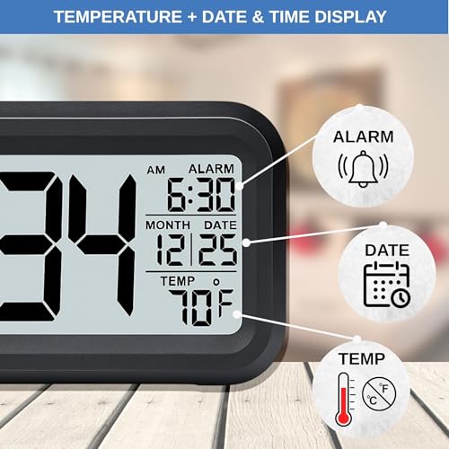 Image of Digital Alarm Clock Battery Operated with Large Display, Night Light Sensor, Temperature and Date | Bedside Clock for Bedroom, Dorm, Office Desk, Bathroom, Kids, Travel