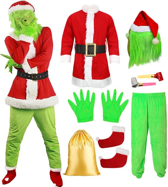 8PCS Adult Christmas Costume for Men - Santa Claus Outfit with Christmas Mask - Green Monster Furry Santa Suit - Cosplay Costume
