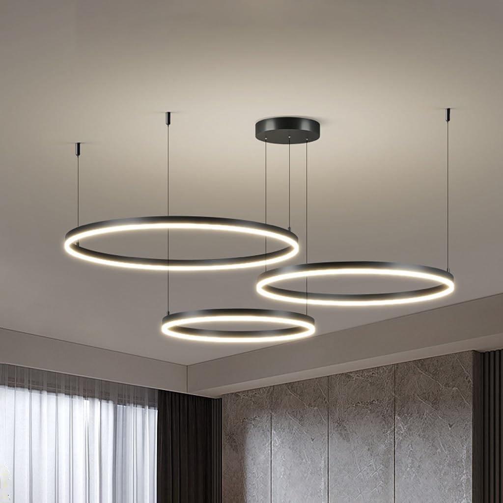 LED Pendant Light Modern Ring Chandelier Dining Table Pendant Lights Dimmable Round Ceiling Light With Remote Control For Island Living Room Dining Room Kitchen Living Room(Black,3-Rings-40+60+80cm)