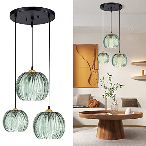 ZRYBH Suspension en verre à 3 lumières, suspension de plafond avec abat-jour en verre en forme de citrouille à rayures vertes,luminaire suspendu réglable en hauteur, salle à manger (3light) Nature Cover
