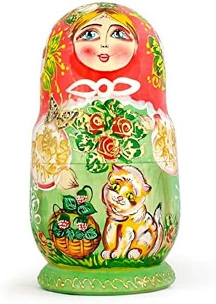 BestPysanky Set of 5 Girls with Cats Wooden Nesting Dolls 6.5 Inches