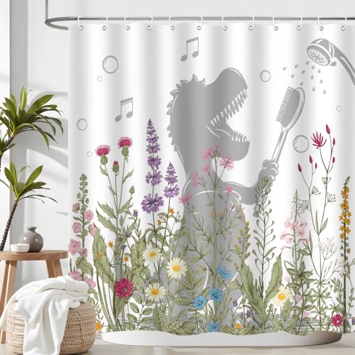 Image of Dinosaur Shower Curtain Funny Dino Sing Bathe Behind Wildflowers Trex Silhouette Shadow for Kids Bathroom Home Decor Waterproof Polyester Fabric 72Lx72W Inch with Hooks